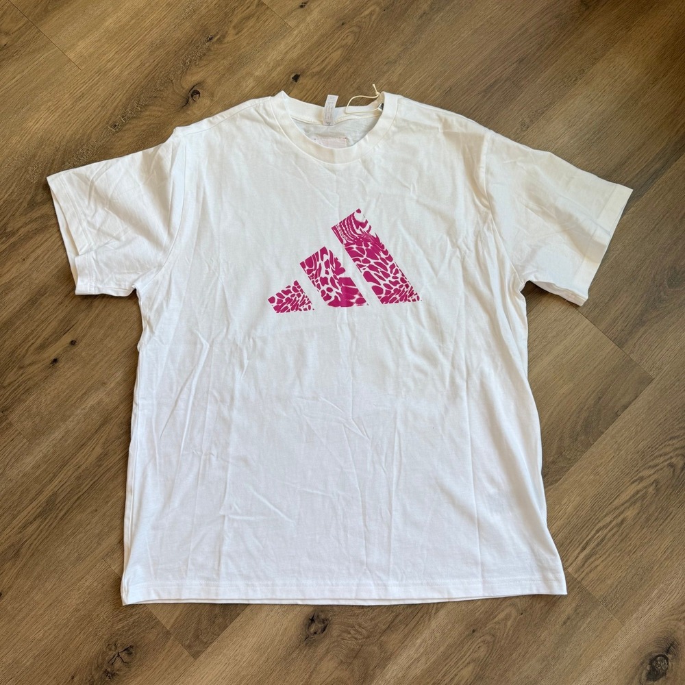 NWOT Adidas Womens XL White Pink Animal Print Logo Graphic T-Shirt Short Sleeve
